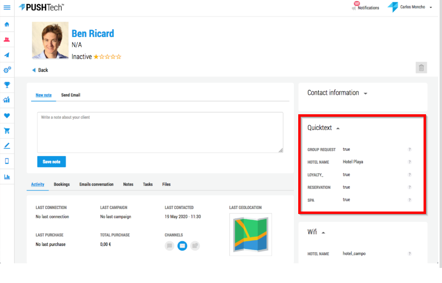 Pushtech CRM enriches guest data from Quicktext chatbot